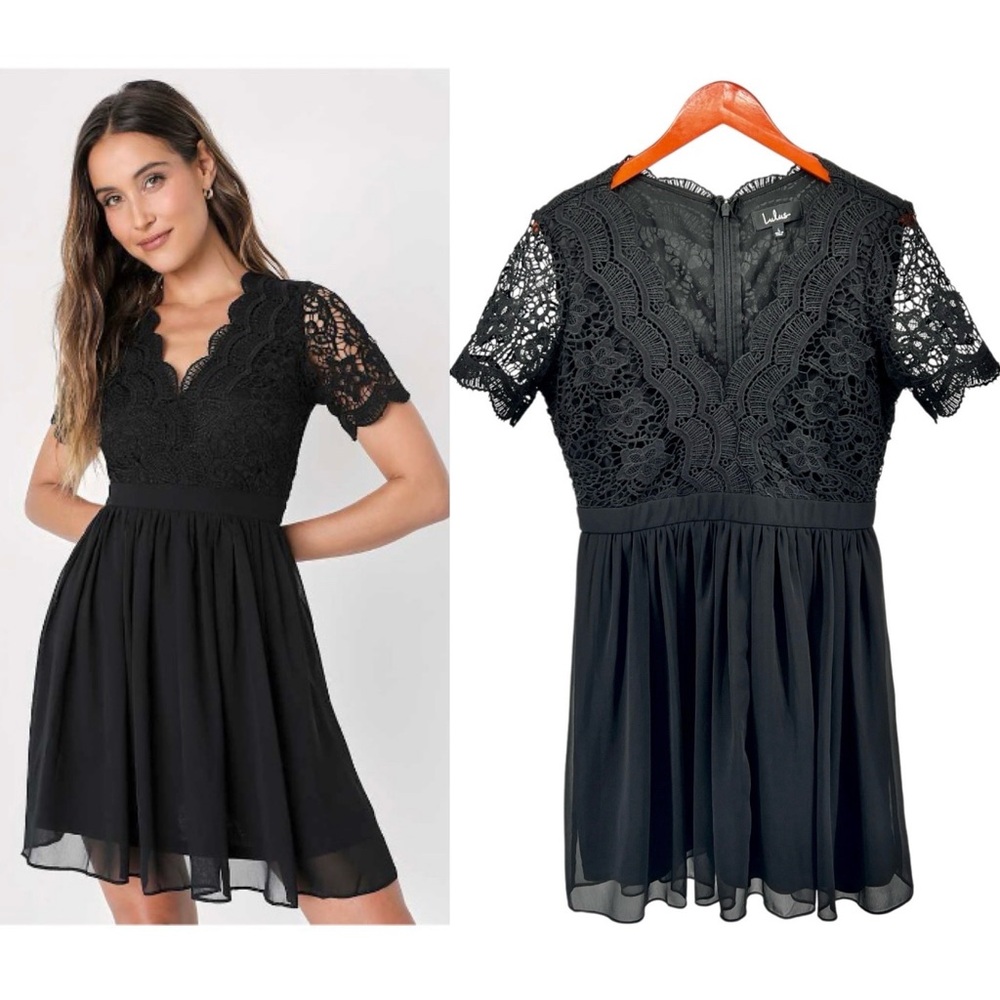 Lulu's Black Scalloped Lace V-Neck Mini Dress